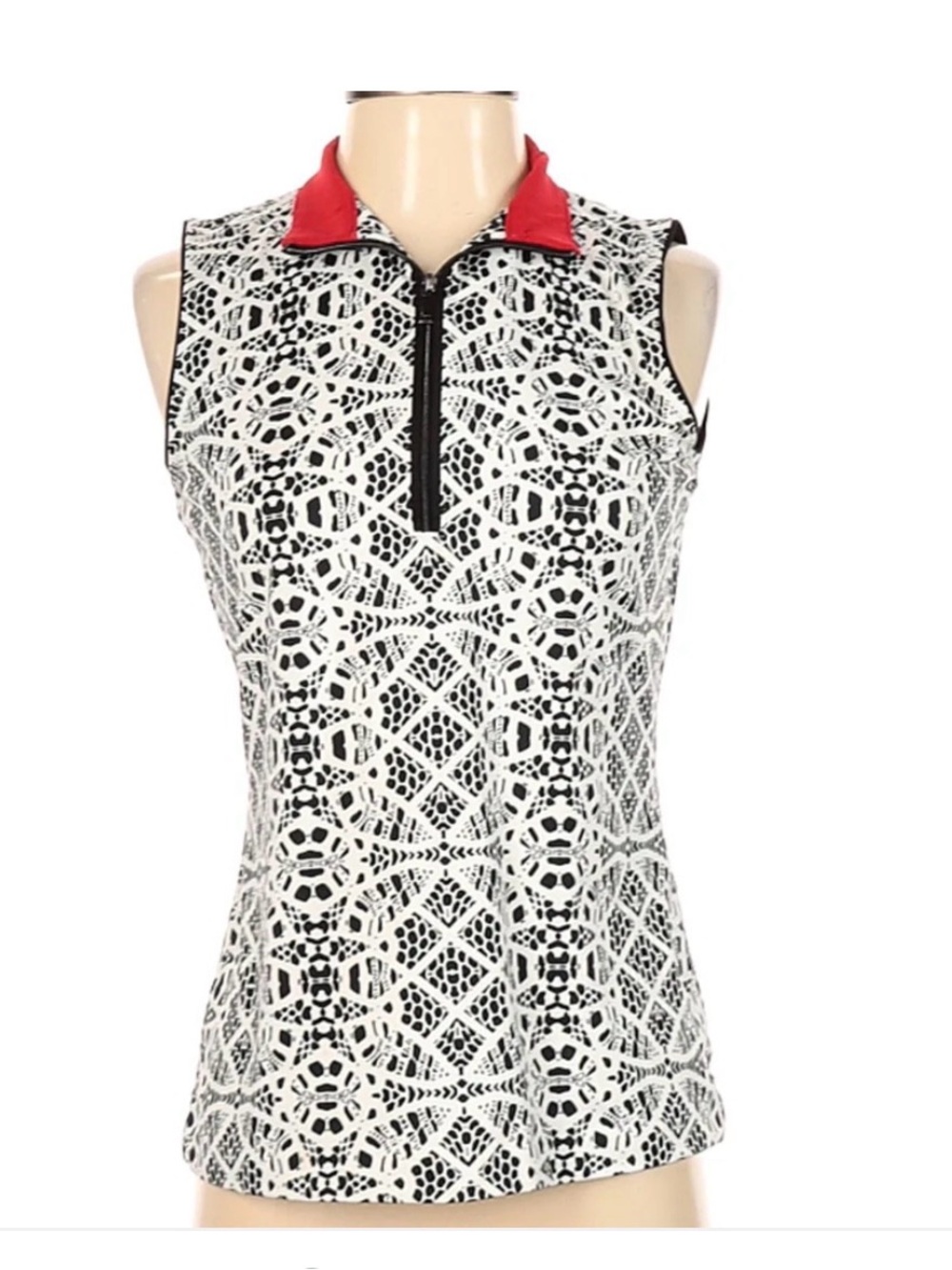 Tail Sleeveless Lace-Print Tank Top with Red Contrast Collar